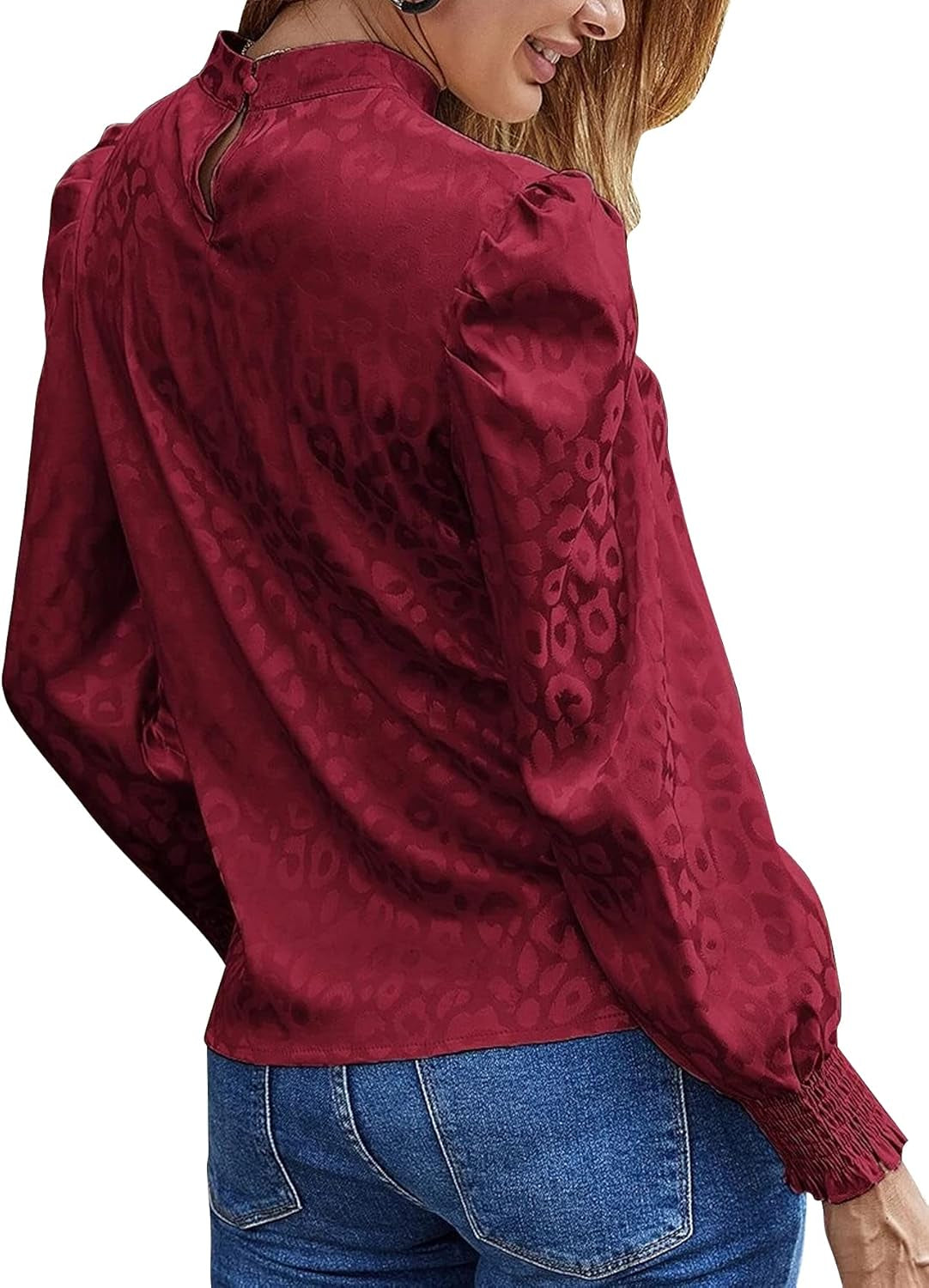 Women'S Satin Mock Neck Puff Long Sleeve Keyhole Work Blouse Top