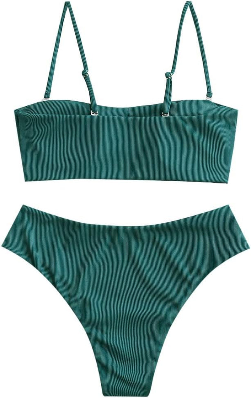 Women Textured Bikini with Removable Straps, High Waisted Bandeau Swimsuit Two Piece Bathing Suits (Peacock Blue-Ribbed,M)