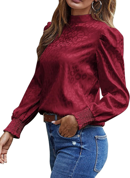 Women'S Satin Mock Neck Puff Long Sleeve Keyhole Work Blouse Top