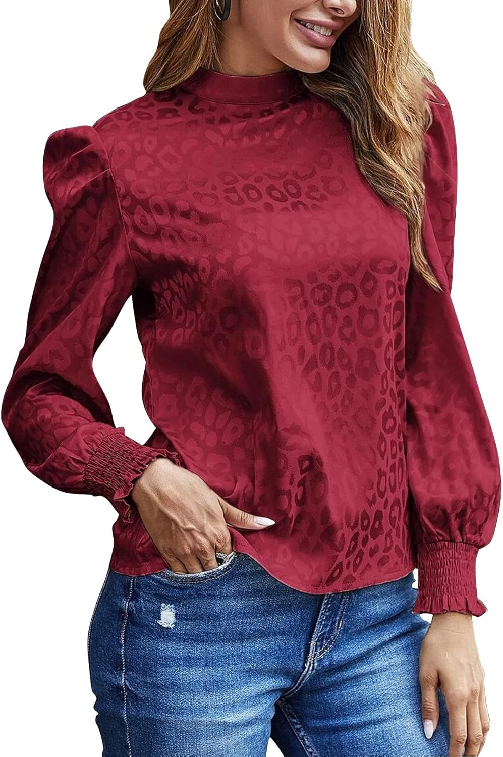 Women'S Satin Mock Neck Puff Long Sleeve Keyhole Work Blouse Top