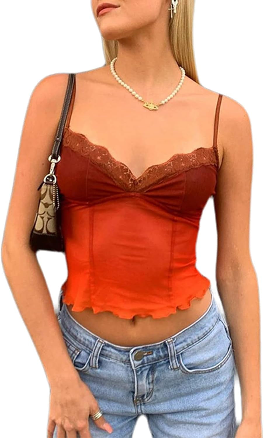 Women'S Contrast Stitch Lace Patchwork Spaghetti Strap Crop Cami Tank Top Orange L