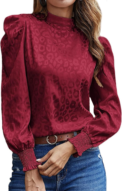 Women'S Satin Mock Neck Puff Long Sleeve Keyhole Work Blouse Top