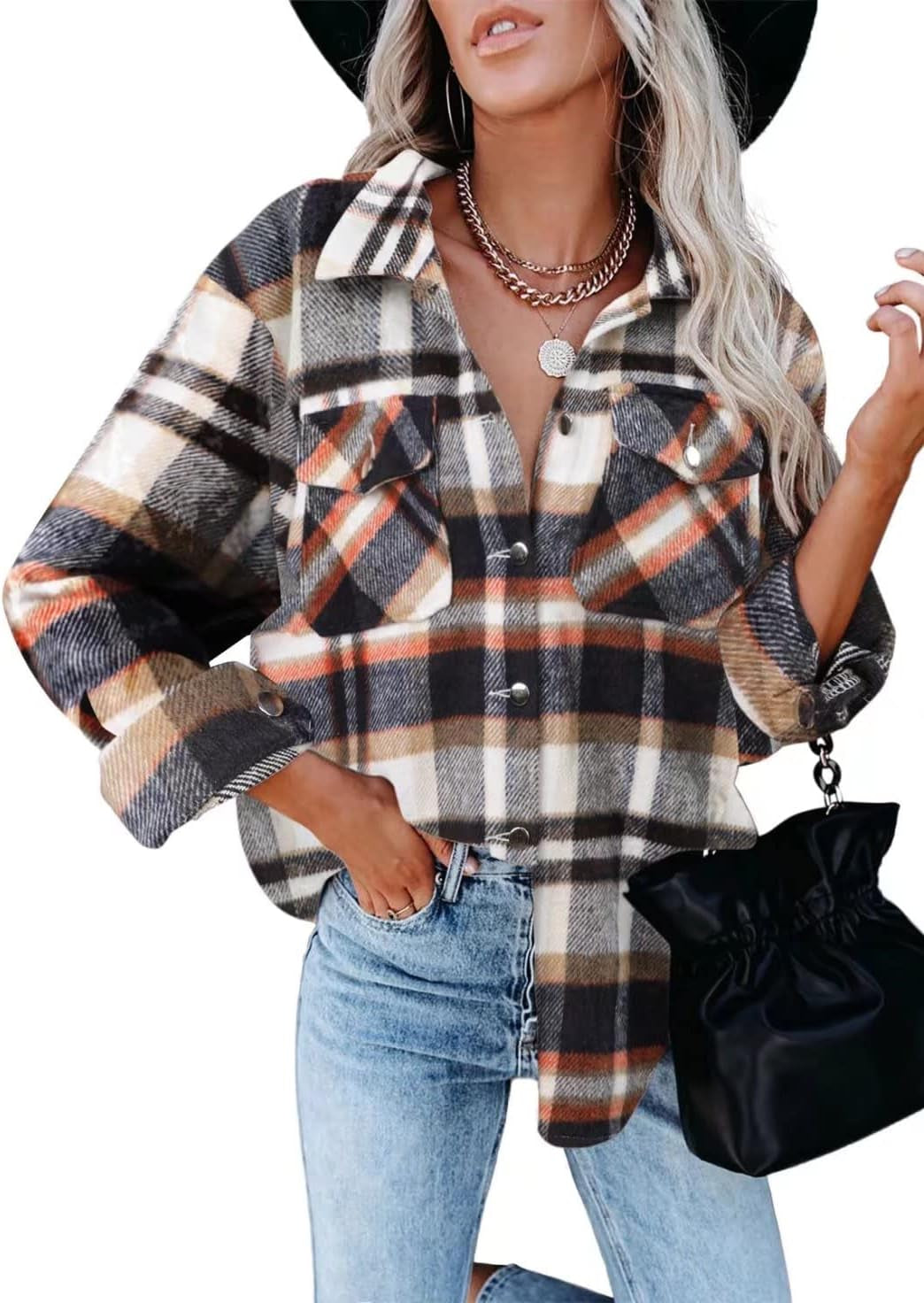 Women'S Flannel Shirts Classic Casual Loose Plaid Button down Shirts Fall Fashion Long Sleeve Jacket Orange L