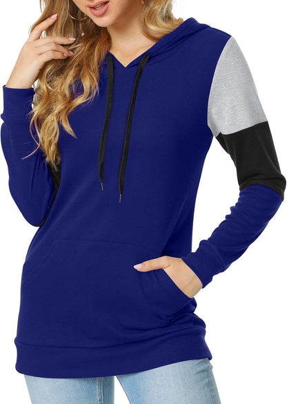 Women'S Casual Drawstring Pullover Tunic Top Long Sleeve Color Block Hoodie Sweatshirts with Pocket