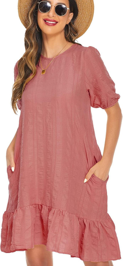 Womens Casual Summer Tiered Dress Swing Ruffle Lantern Sleeve Tie Back A-Line Flowy Dresses with Pockets