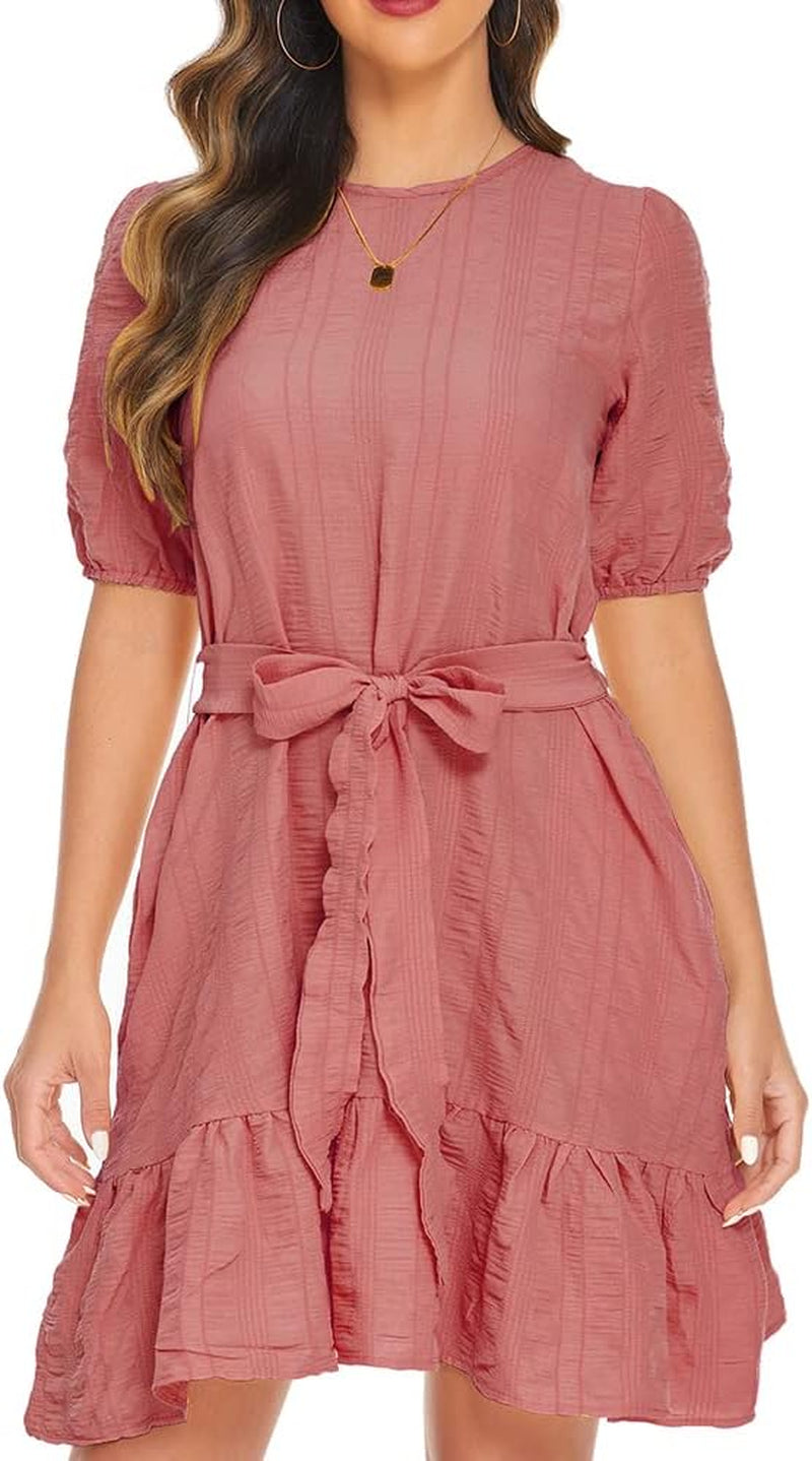 Womens Casual Summer Tiered Dress Swing Ruffle Lantern Sleeve Tie Back A-Line Flowy Dresses with Pockets