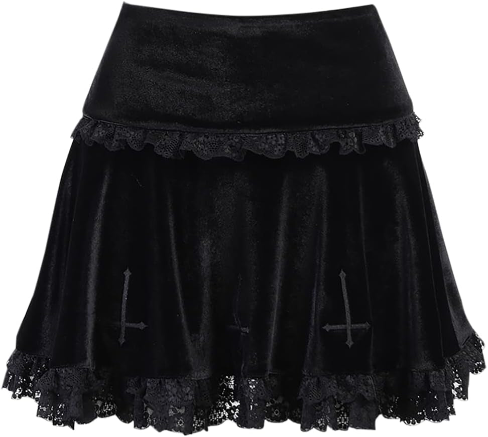 Womens Gothic Mini Skirts Punk Grunge Velvet Skirts High Waist Emo Skirt Mall Goth Alt Harajuku Skirt