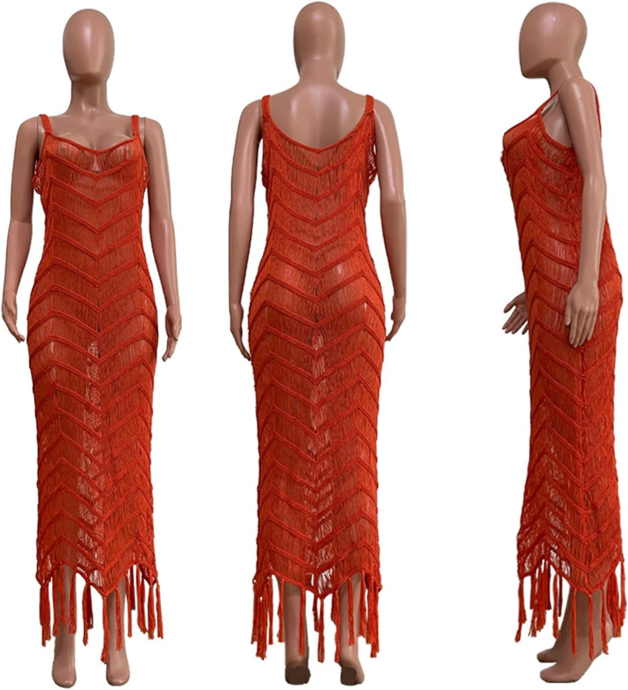 Sexy Beach Dress for Women Cover up Sleeveless Mesh Crochet Maxi Dress Summer Dresses Bikini Covers Orange Medium