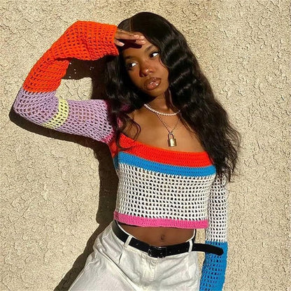 Women Y2K Long Sleeve Crop Top Hollow Out Cropped Knit Square Collar Pullover Shirts 90S Streetwear Blue Orange