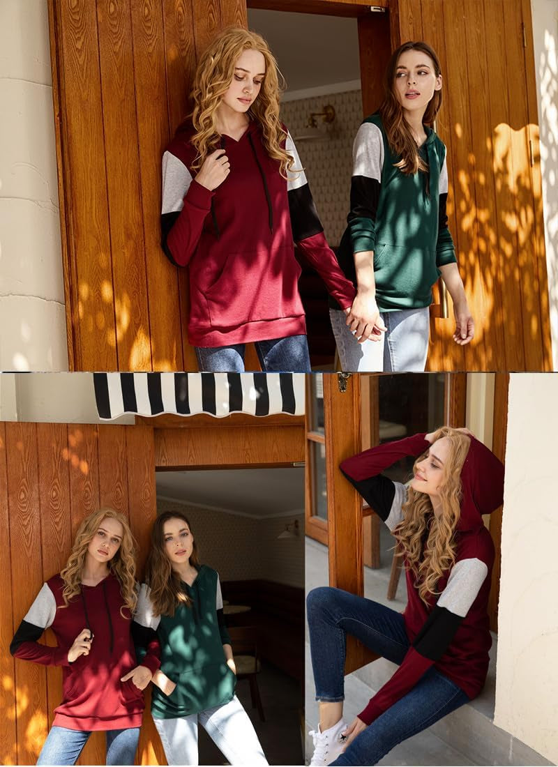 Women'S Casual Drawstring Pullover Tunic Top Long Sleeve Color Block Hoodie Sweatshirts with Pocket