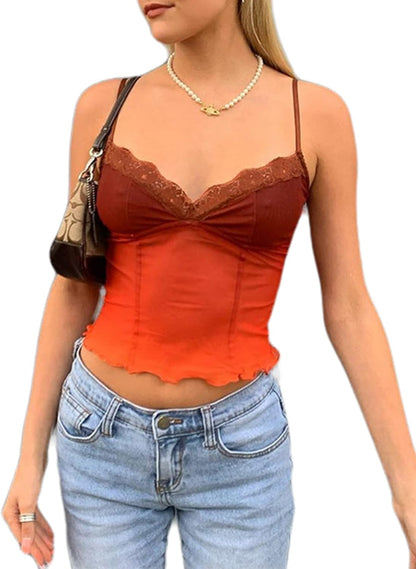 Women'S Contrast Stitch Lace Patchwork Spaghetti Strap Crop Cami Tank Top Orange L