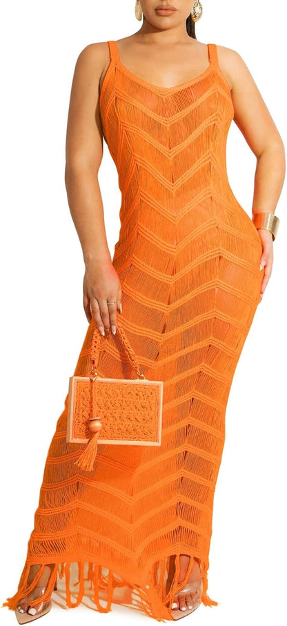 Sexy Beach Dress for Women Cover up Sleeveless Mesh Crochet Maxi Dress Summer Dresses Bikini Covers Orange Medium