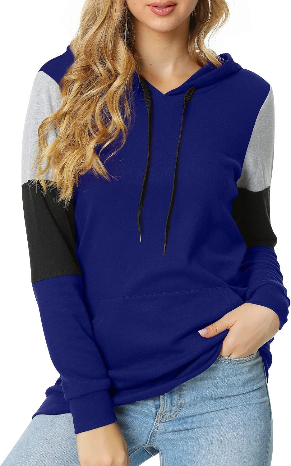 Women'S Casual Drawstring Pullover Tunic Top Long Sleeve Color Block Hoodie Sweatshirts with Pocket