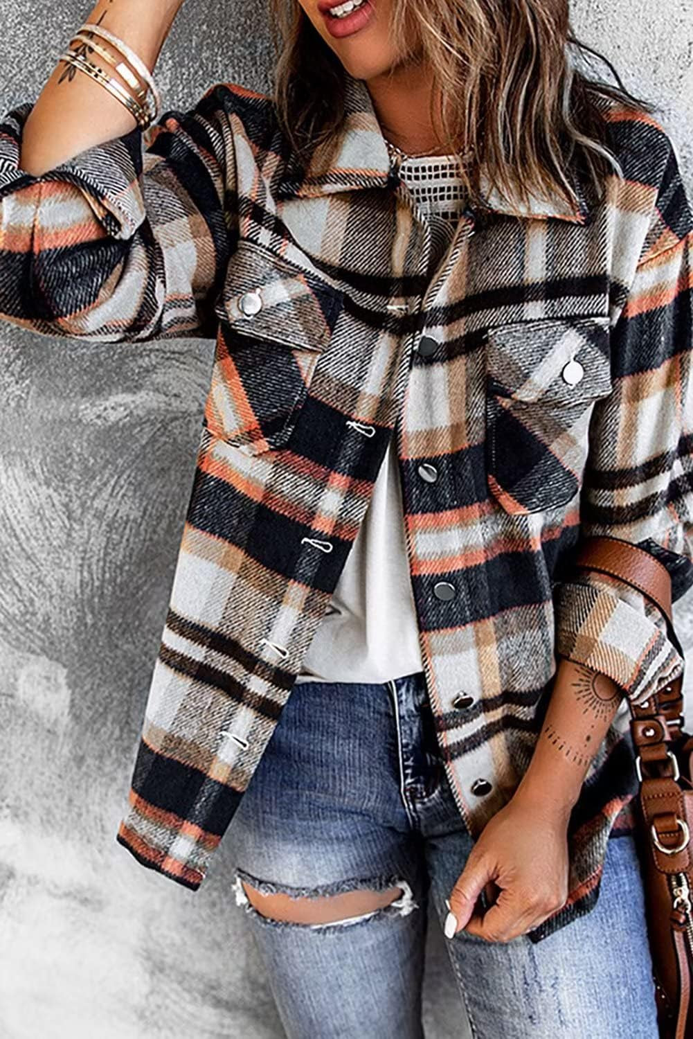 Women'S Flannel Shirts Classic Casual Loose Plaid Button down Shirts Fall Fashion Long Sleeve Jacket Orange L