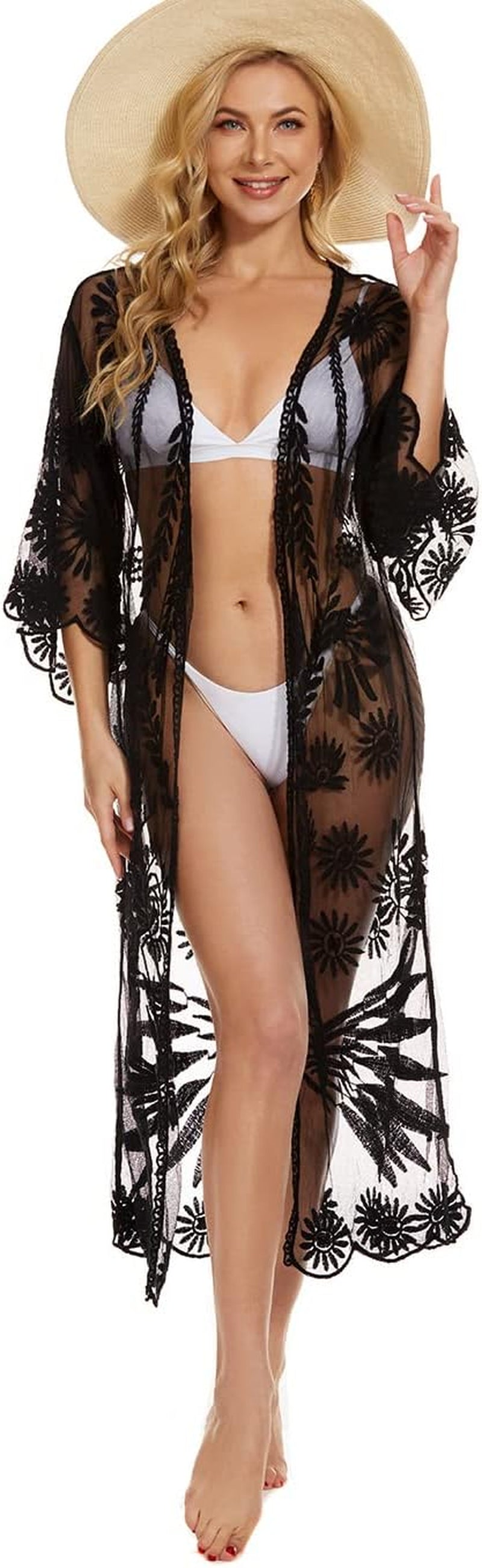 Womens Mesh Lace Beach Kimono Cardigan Sexy Open Front Swimsuit Cover Ups Swimwear Black 210211