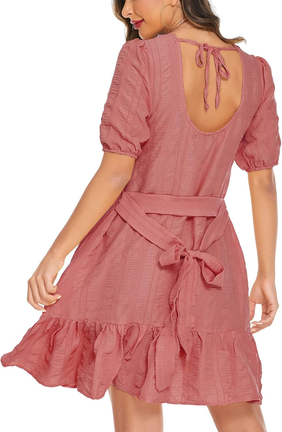 Womens Casual Summer Tiered Dress Swing Ruffle Lantern Sleeve Tie Back A-Line Flowy Dresses with Pockets