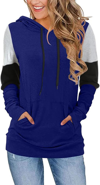 Women'S Casual Drawstring Pullover Tunic Top Long Sleeve Color Block Hoodie Sweatshirts with Pocket