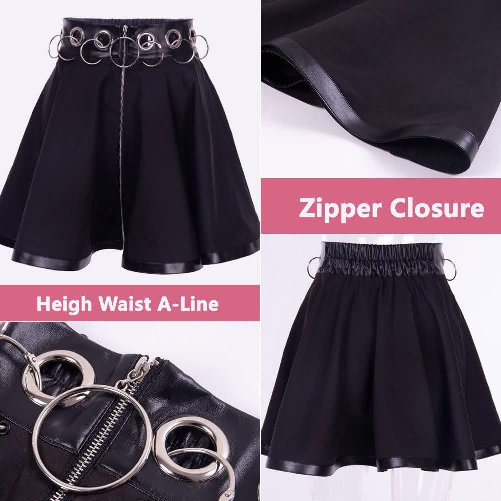 Halloween Skirt Black Pleated Skirts for Women School Girl Skirt Black Leather Skirts Costume Ruffle Skirt Goth Cheer Skirt