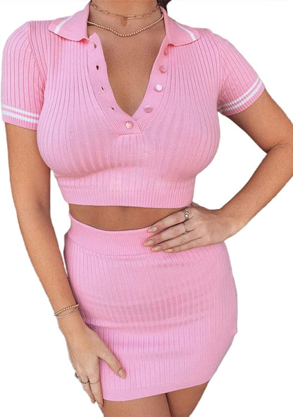 Women Two Piece Outfit, Sexy Solid Crop Top Mini Skirt Set Women Knitted 2 Piece Outfits