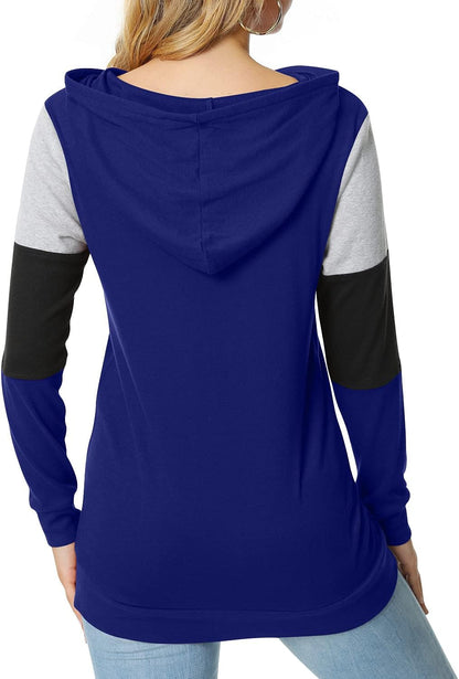 Women'S Casual Drawstring Pullover Tunic Top Long Sleeve Color Block Hoodie Sweatshirts with Pocket