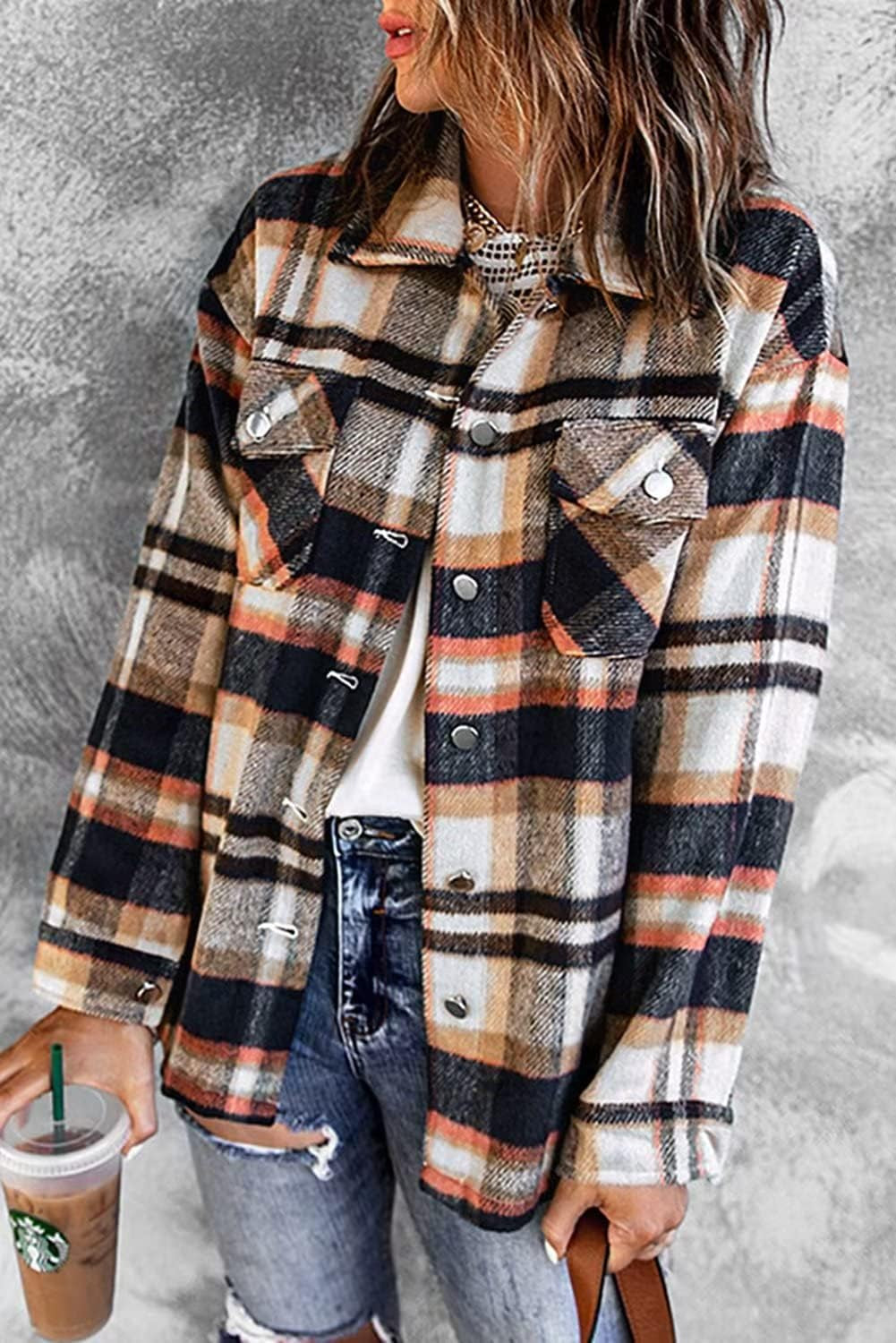 Women'S Flannel Shirts Classic Casual Loose Plaid Button down Shirts Fall Fashion Long Sleeve Jacket Orange L