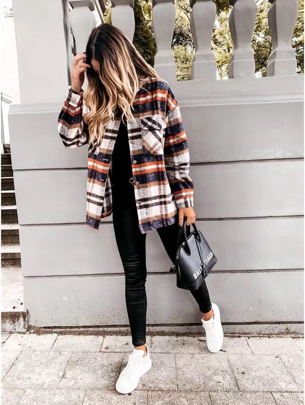 Women'S Flannel Shirts Classic Casual Loose Plaid Button down Shirts Fall Fashion Long Sleeve Jacket Orange L