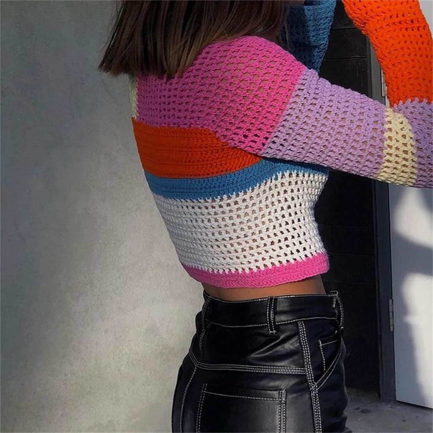 Women Y2K Long Sleeve Crop Top Hollow Out Cropped Knit Square Collar Pullover Shirts 90S Streetwear Blue Orange