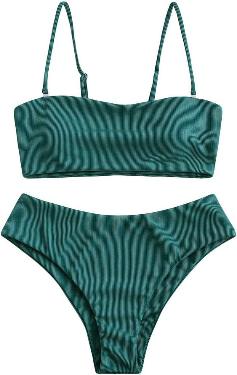 Women Textured Bikini with Removable Straps, High Waisted Bandeau Swimsuit Two Piece Bathing Suits (Peacock Blue-Ribbed,M)